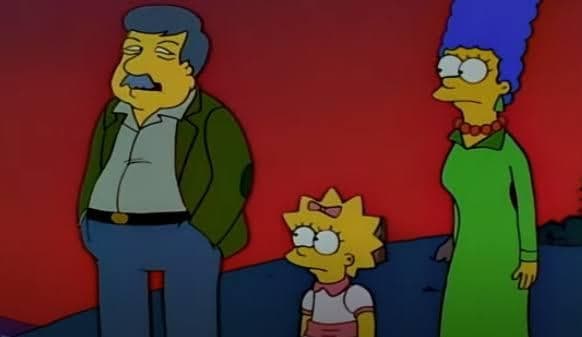 Marge And Lisa Stand By Sad Man Under Red Sky
